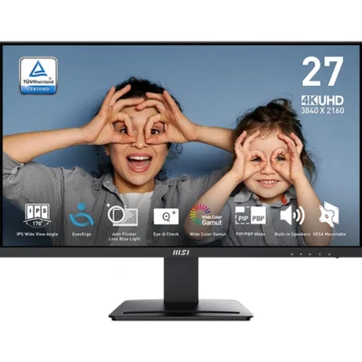 MSI Pro MP273U Business & Productivity Monitor | 27″ (UHD, 3840 x 2160) IPS Display | 60Hz | 1.07B Color | 16:9 | 130% sRGB, 98% DCI-P3, 93% Adobe RGB | 2 x HDMI 2.0b,1 x DisplayPort 1.4a | Tilt Adjustable | HDR Ready | 1 Year Warranty
